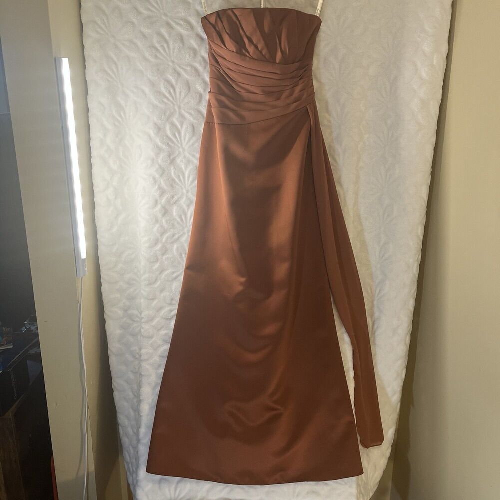 David's Bridal Brown Ruched Pleated Strapless Gown gently used size 4